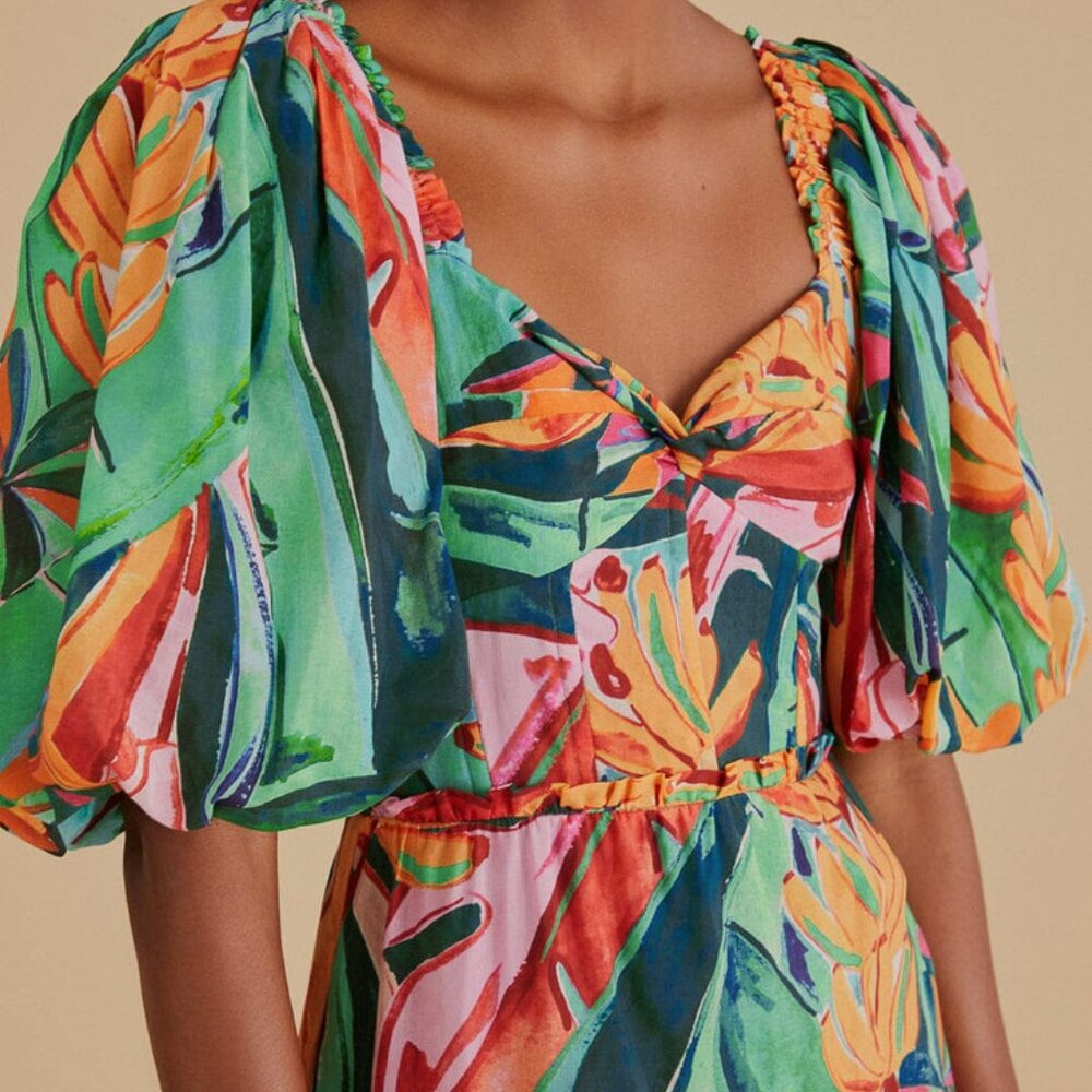 FARM Rio Green Tropical Print Midi Dress with Orange & Pink Accents - Picture 3 of 13